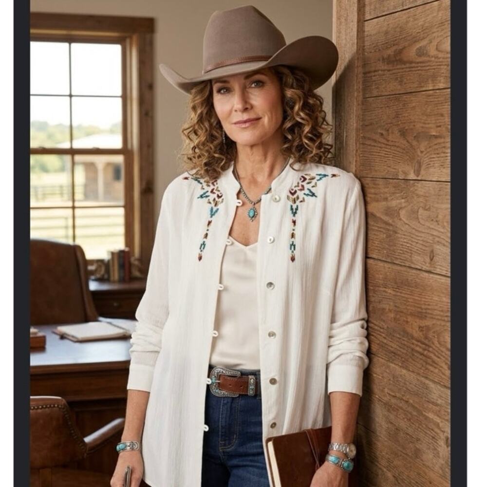 VINTAGE '90s STUDIO WEST Women's XL Southwestern Embroidered Tunic Top White